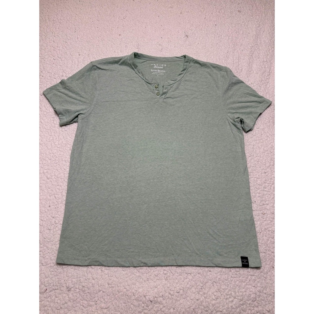 Lucky Brand Mens T-shirt Henley Size L Green Solid Venice Burnout Short Sleeve